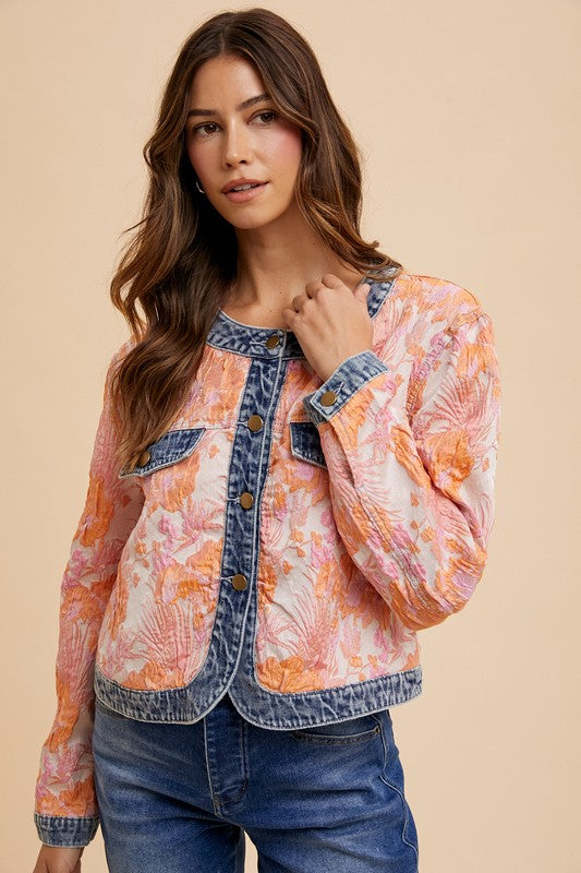 Annie Wear Floral Jacquard Denim Contrast Button Down Jacket - Sydney So Sweet