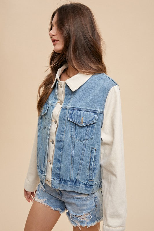 Annie Wear Collared Neck Double Placket Denim Jacket - Sydney So Sweet