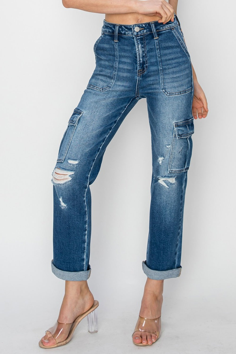 RISEN Full Size High Rise Cargo Ankle Roll Up Straight Jeans - Sydney So Sweet