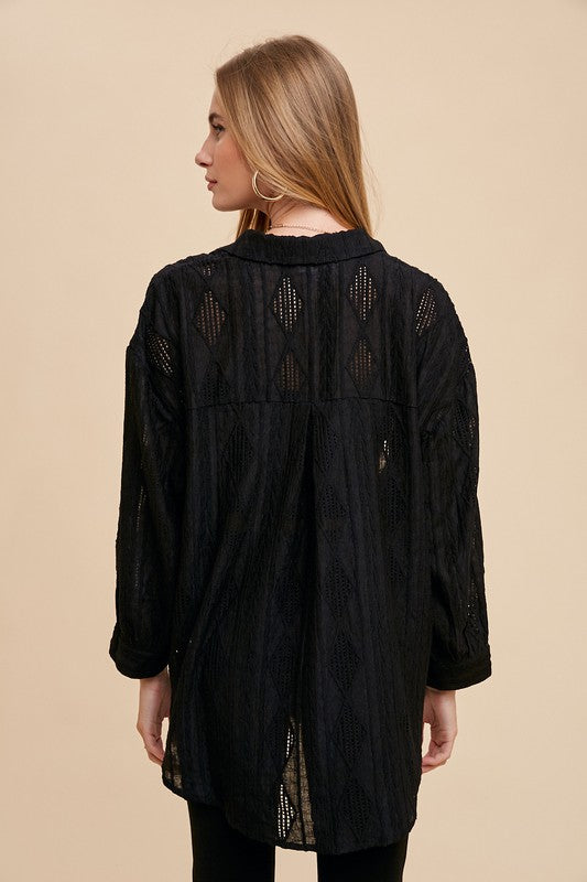 Annie Wear Openwork Button Down Drop Shoulder Shirt - Sydney So Sweet