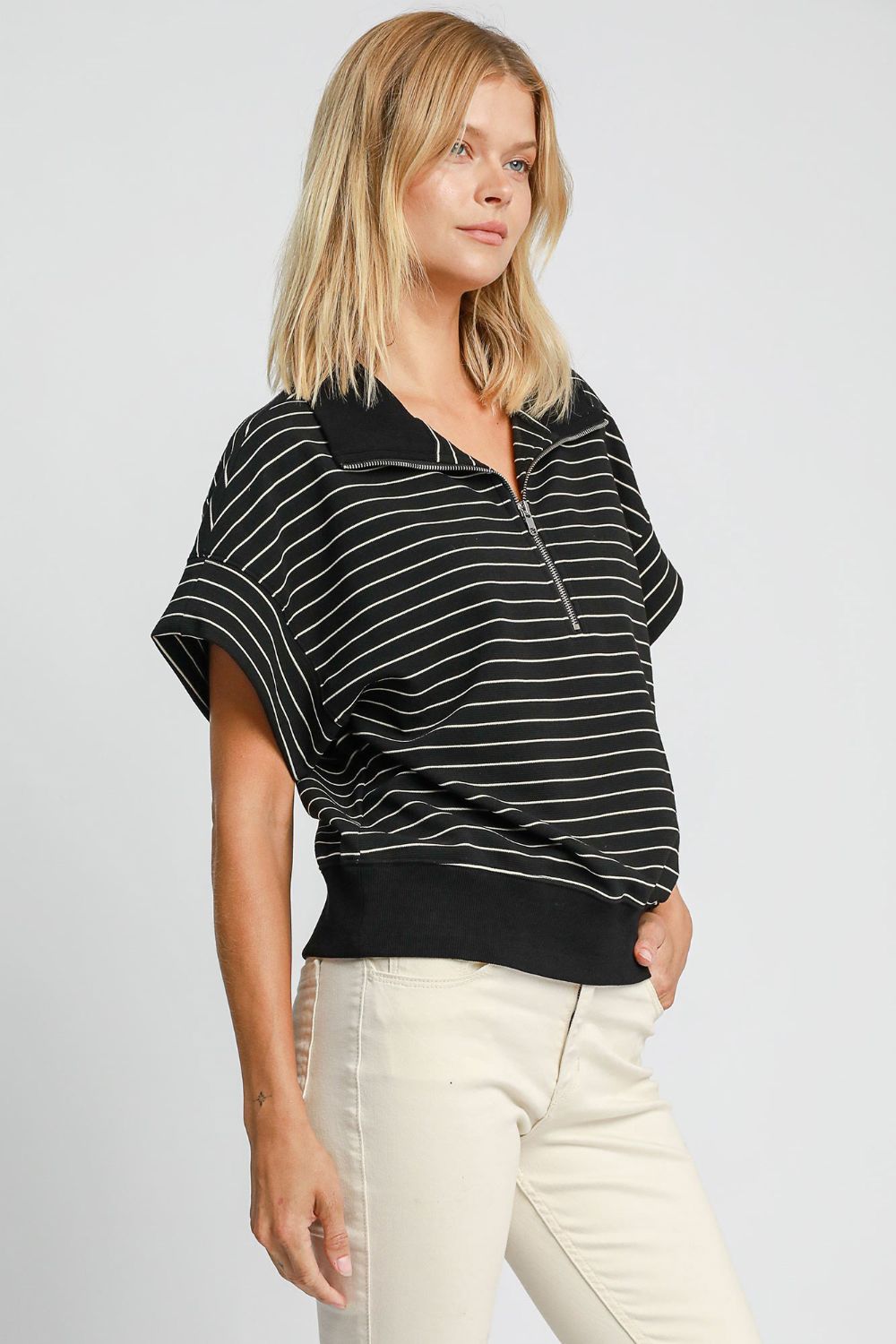 Umgee Striped Half Zip Short Sleeve Sweatshirt - Sydney So Sweet