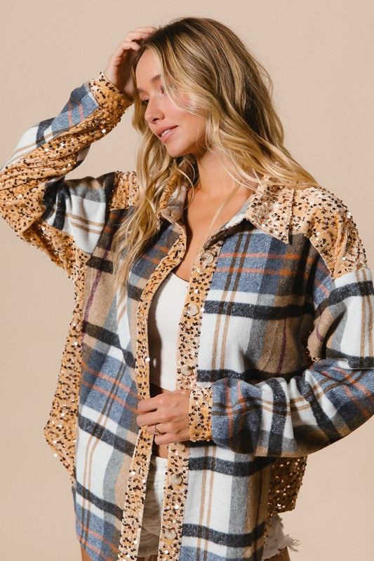 BiBi Curved Hem Sequin Plaid Button Up Shacket - Sydney So Sweet