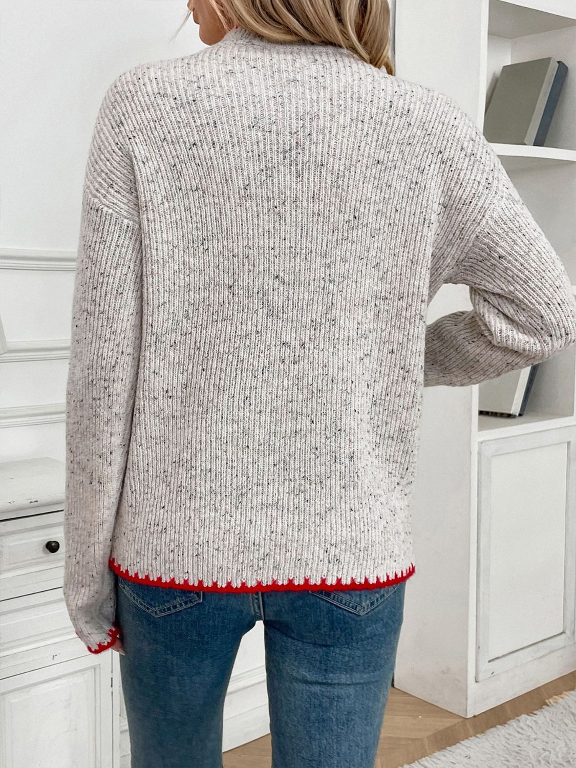 Perfee Contrast Heart Round Neck Long Sleeve Sweater - Sydney So Sweet