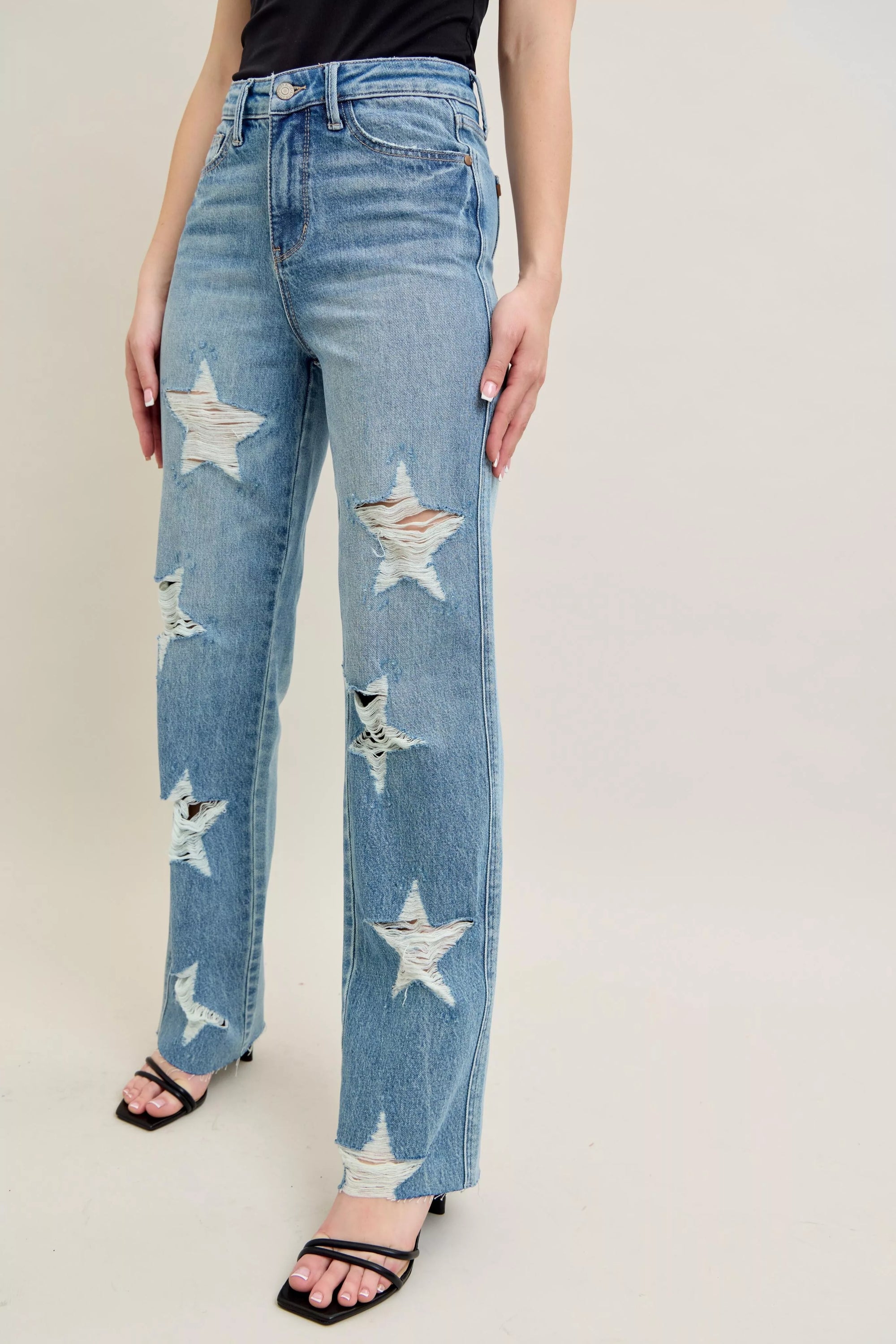Judy Blue Full Size High Waist Rigid Magic Star Shaped Destroy 90's Straight Jeans Plus Size - Sydney So Sweet