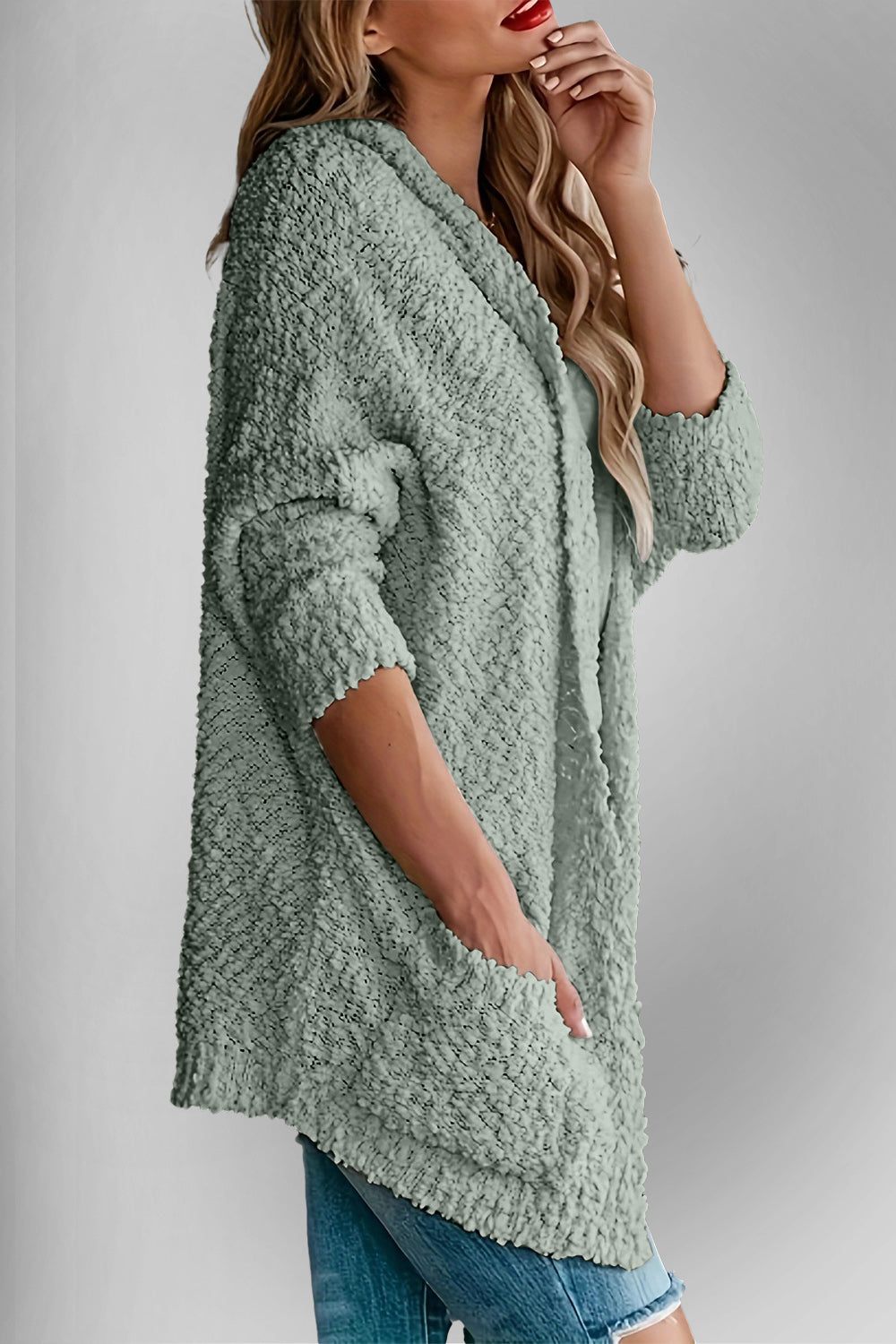 Double Take Pocketed Open Front Long Sleeve Cardigan Sweater - Sydney So Sweet