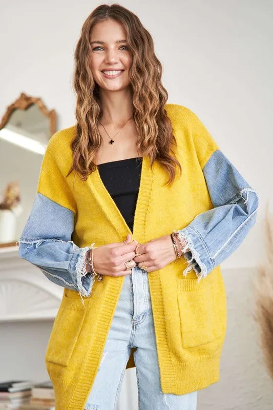 ADORA Full Size Frayed Denim Sleeve Sweater Cardigan Plus Size - Sydney So Sweet
