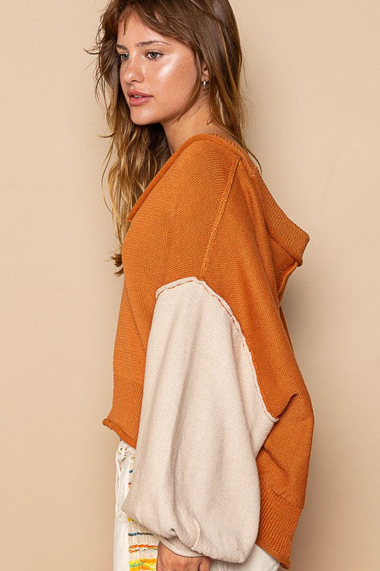 POL Exposed Seam Roll Edge Color Block V Neck Sweater - Sydney So Sweet