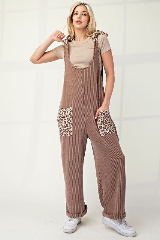 Celeste Full Size Ribbed Leopard Tied Shoulder Overalls - Sydney So Sweet