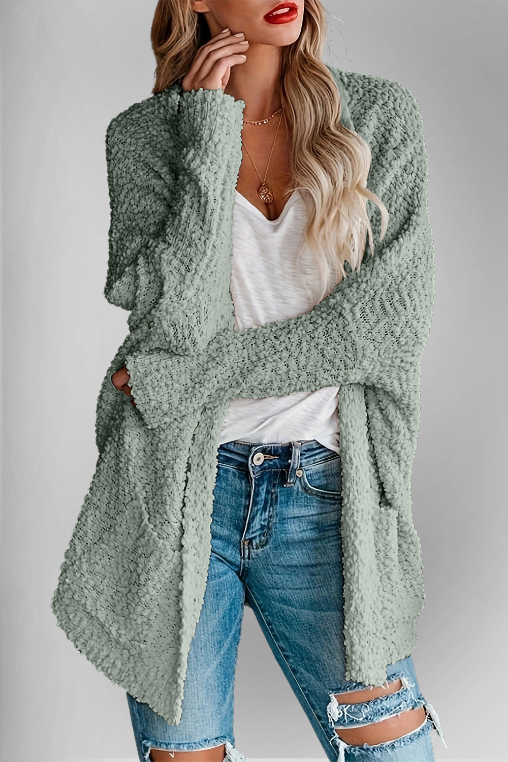 Double Take Pocketed Open Front Long Sleeve Cardigan Sweater - Sydney So Sweet