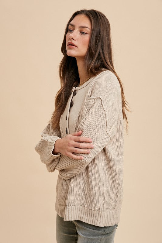 Annie Wear Half Button Ribbed Hem Sweater - Sydney So Sweet