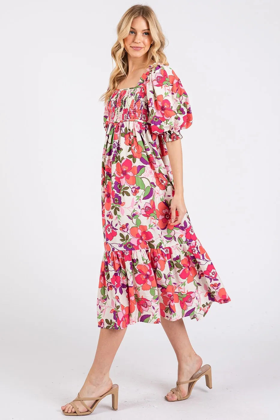 Mittoshop Flower Print Puff Sleeve Ruffle Smocked Midi Dress - Sydney So Sweet