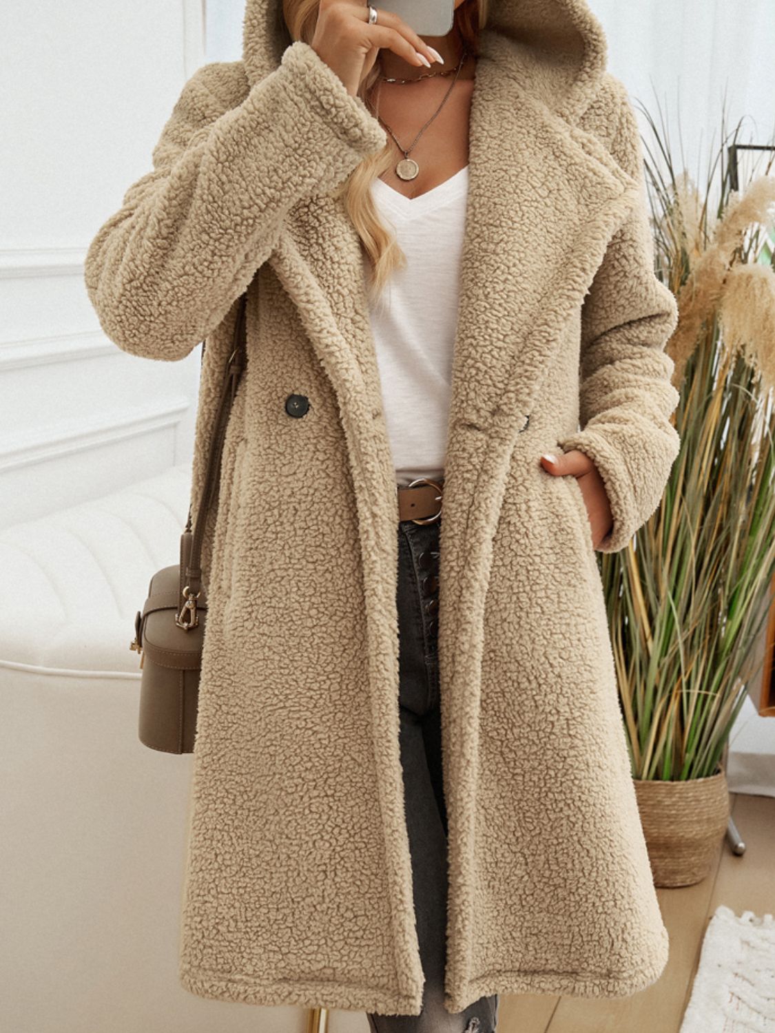 Devine Pocketed Long Sleeve Hooded Teddy Coat - Sydney So Sweet