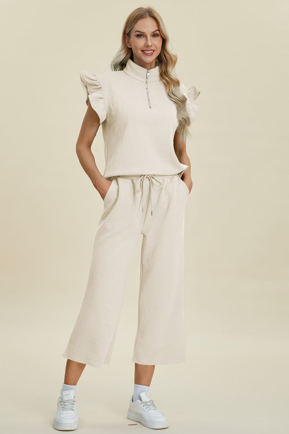 Double Take Full Size Texture Ruffle Short Sleeve Top and Wide Leg Pants Set - Sydney So Sweet