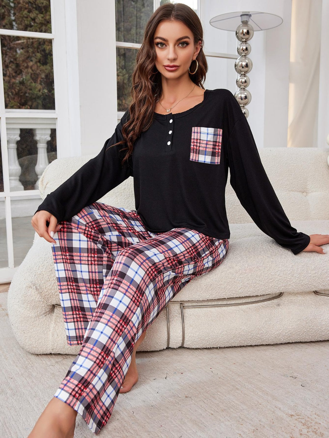 Round Neck Long Sleeve Top and Plaid Pants Lounge Set - Sydney So Sweet