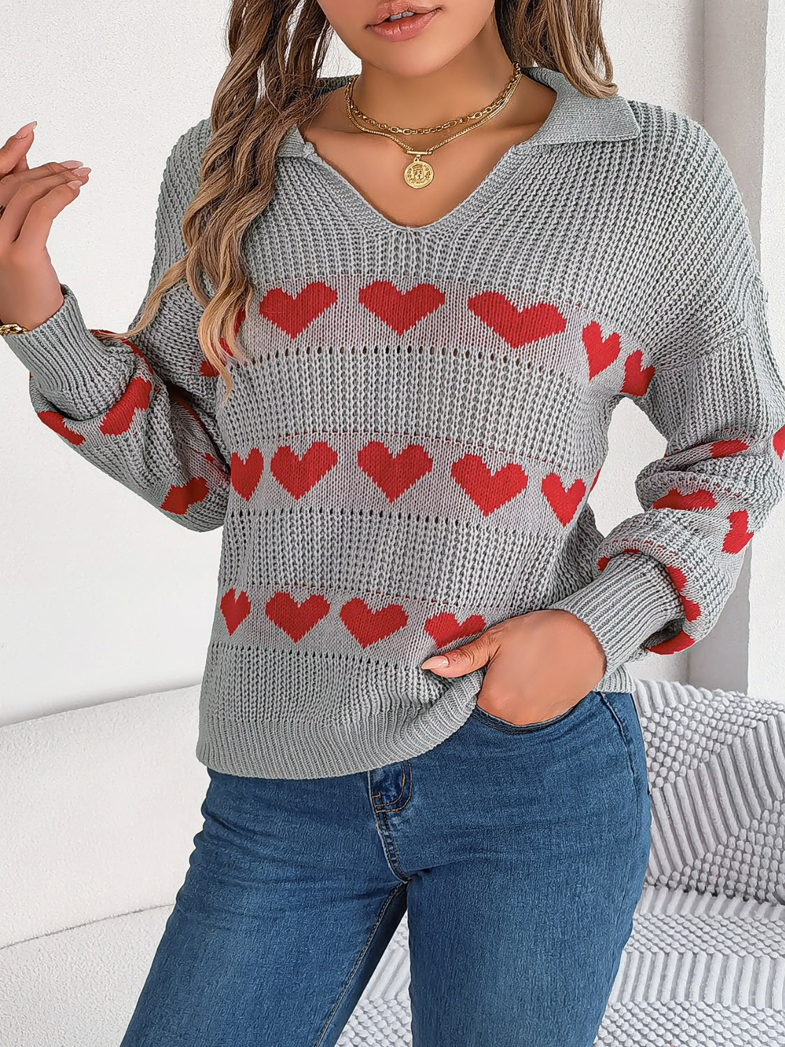 Heart Johnny Collar Long Sleeve Sweater - Sydney So Sweet