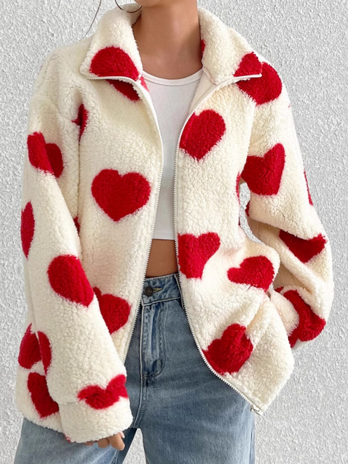 Heart Zip Up Drop Shoulder Furry Jacket - Sydney So Sweet