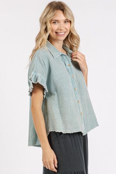 Mittoshop Mineral Washed Button Down Flounce Sleeve Shirt - Sydney So Sweet