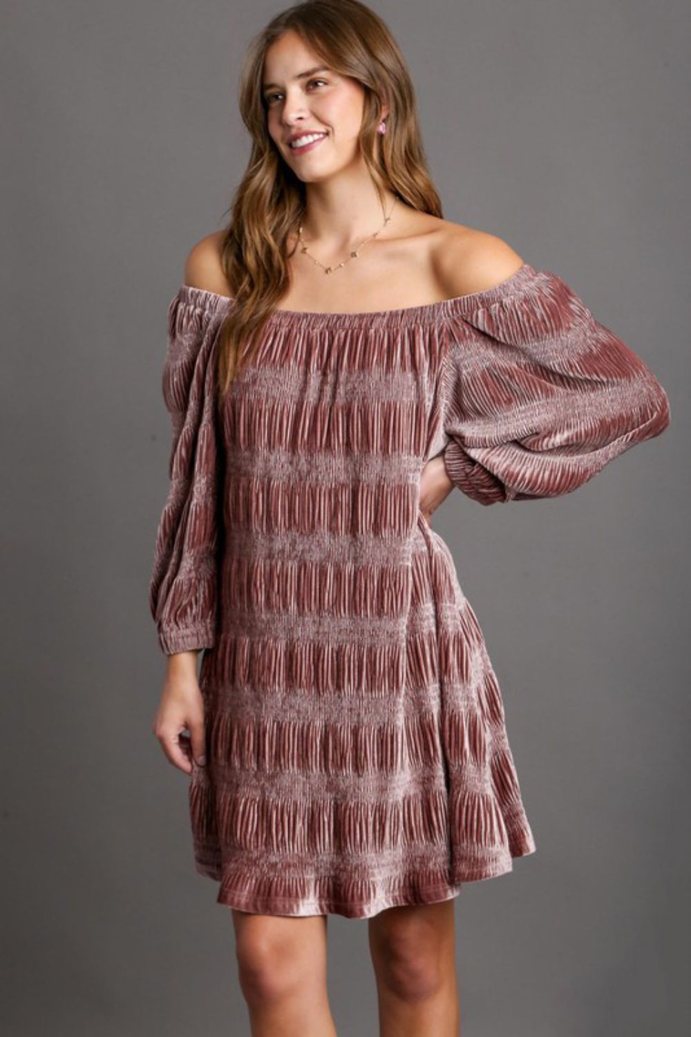 Umgee Off-Shoulder Balloon Sleeve Velvet Mini Dress - Sydney So Sweet