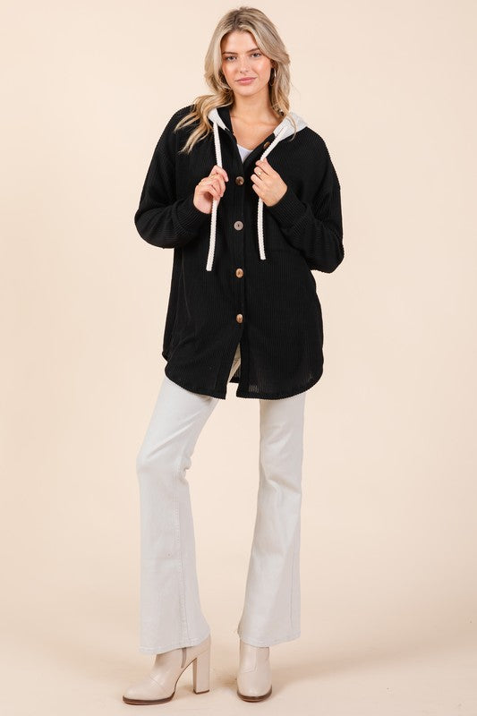 BOMBOM Textured Button Down Drawstring Hooded Shacket - Sydney So Sweet