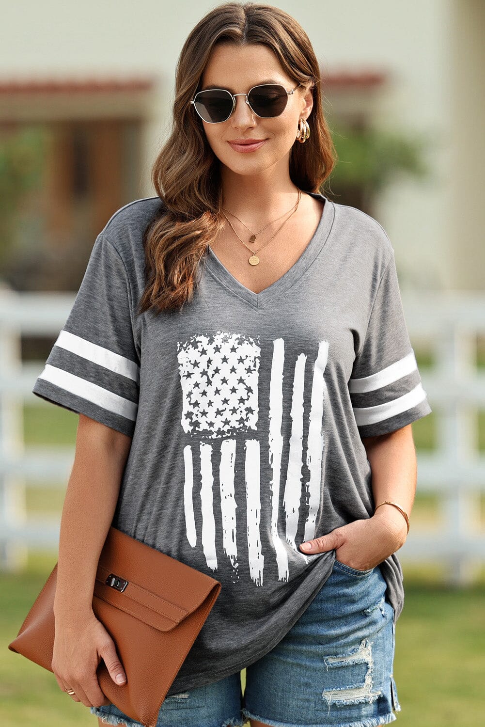 Plus Size US Flag Graphic V-Neck Tee - Sydney So Sweet