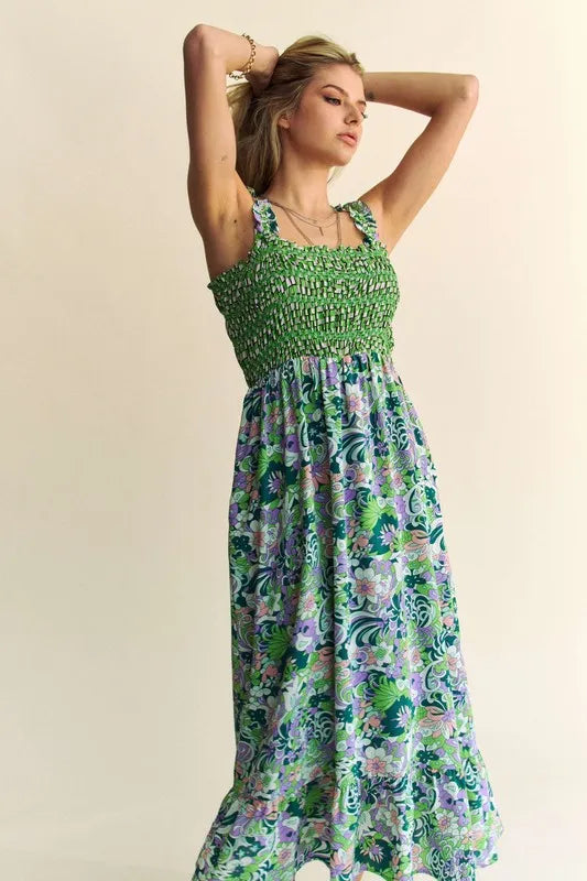 Davi & Dani Multi Smocked Bodice Geo Ruffle Strappy Midi Dress - Sydney So Sweet