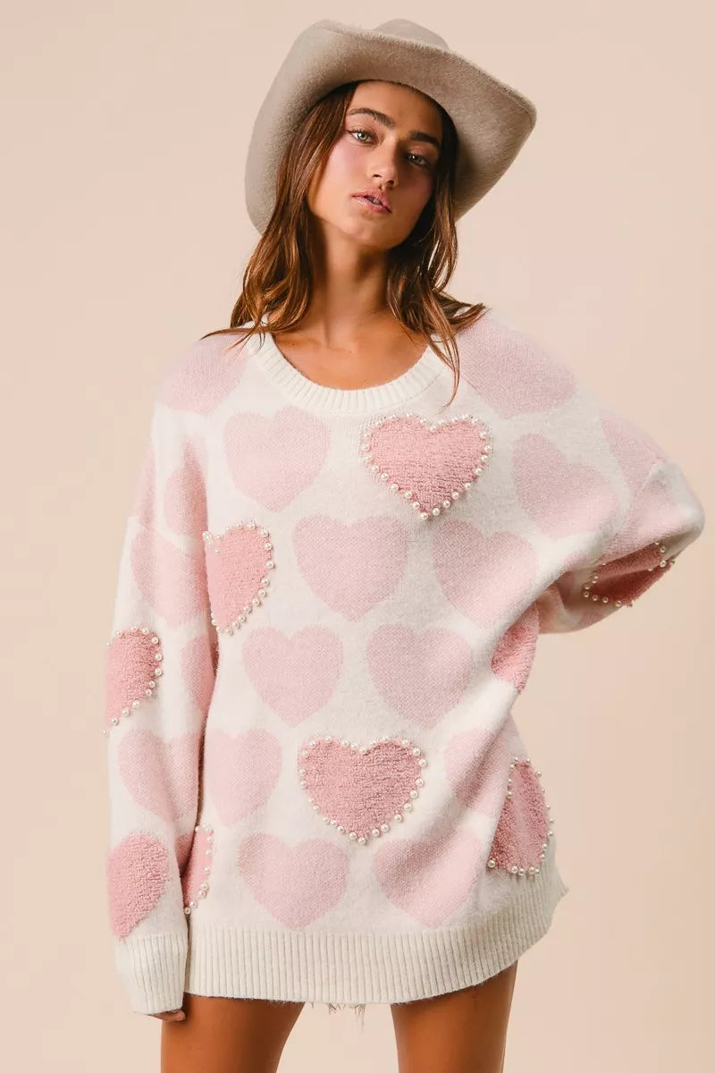 BiBi Heart Pattern Sweater with Pearl Detail - Sydney So Sweet