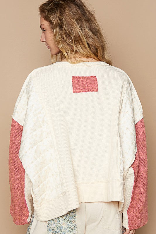 POL Waffle-Knit Contrast Notched Long Sleeve Knit Top - Sydney So Sweet