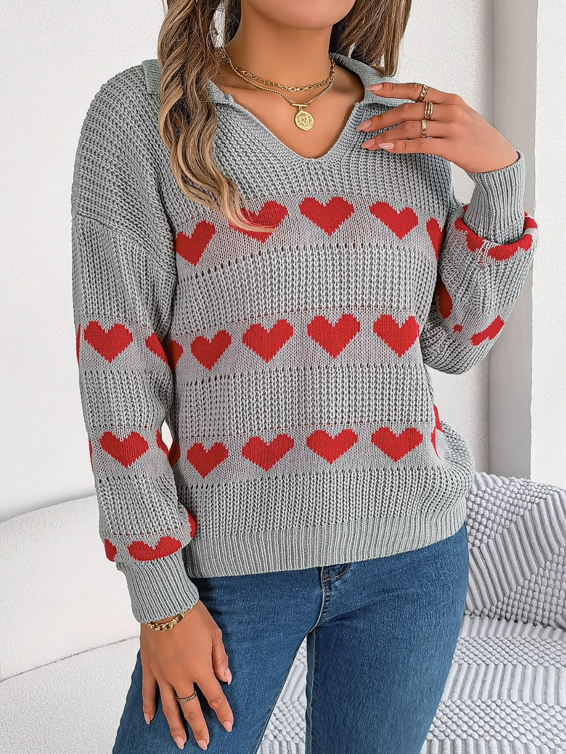 Heart Johnny Collar Long Sleeve Sweater - Sydney So Sweet