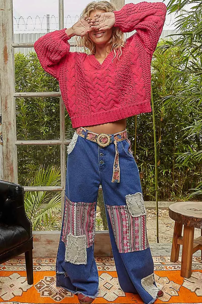 POL Cable-Knit Solid V-Neck Cropped Sweater - Sydney So Sweet