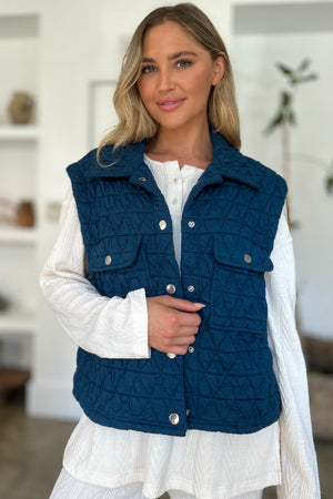 Double Take Full Size Pocketed Texture Snap Down Vest Coat - Sydney So Sweet