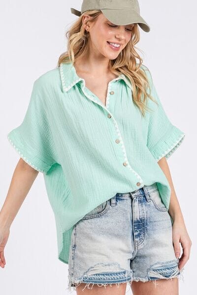 SAGE+FIG Boho Contrast Zigzag Trim Gauze Button-Up Shirt - Sydney So Sweet
