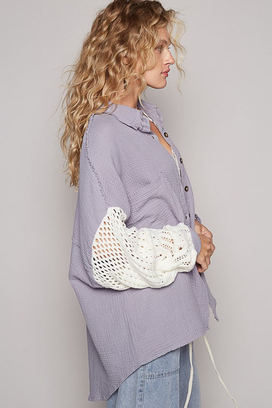 POL Openwork Lantern Sleeve Button Down Gauze Shirt - Sydney So Sweet