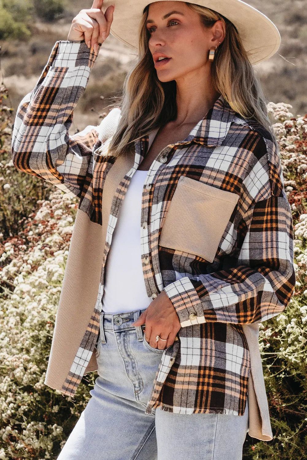 Pocketed Plaid Collared Neck Dropped Shoulder Shacket - Sydney So Sweet