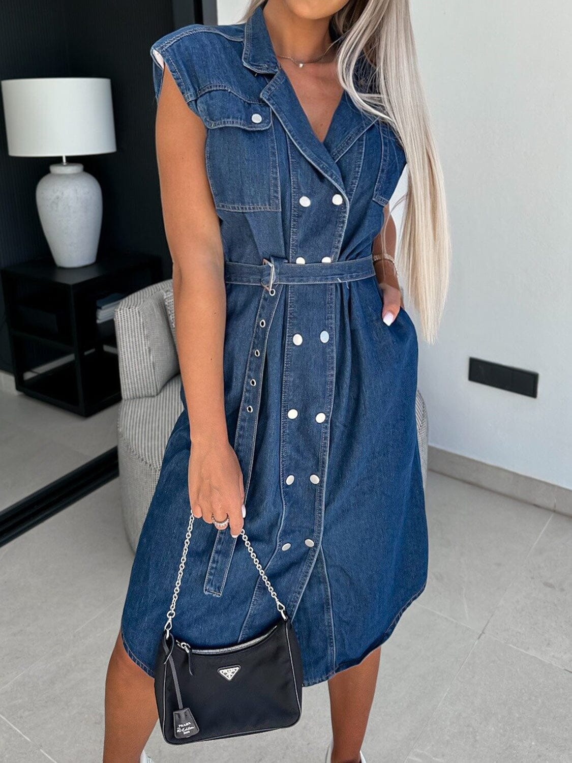 Collared Neck Cap Sleeve Denim Dress - Sydney So Sweet