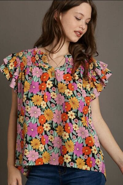 Umgee Full Size Floral Printed Smocked Top Plus Size - Sydney So Sweet
