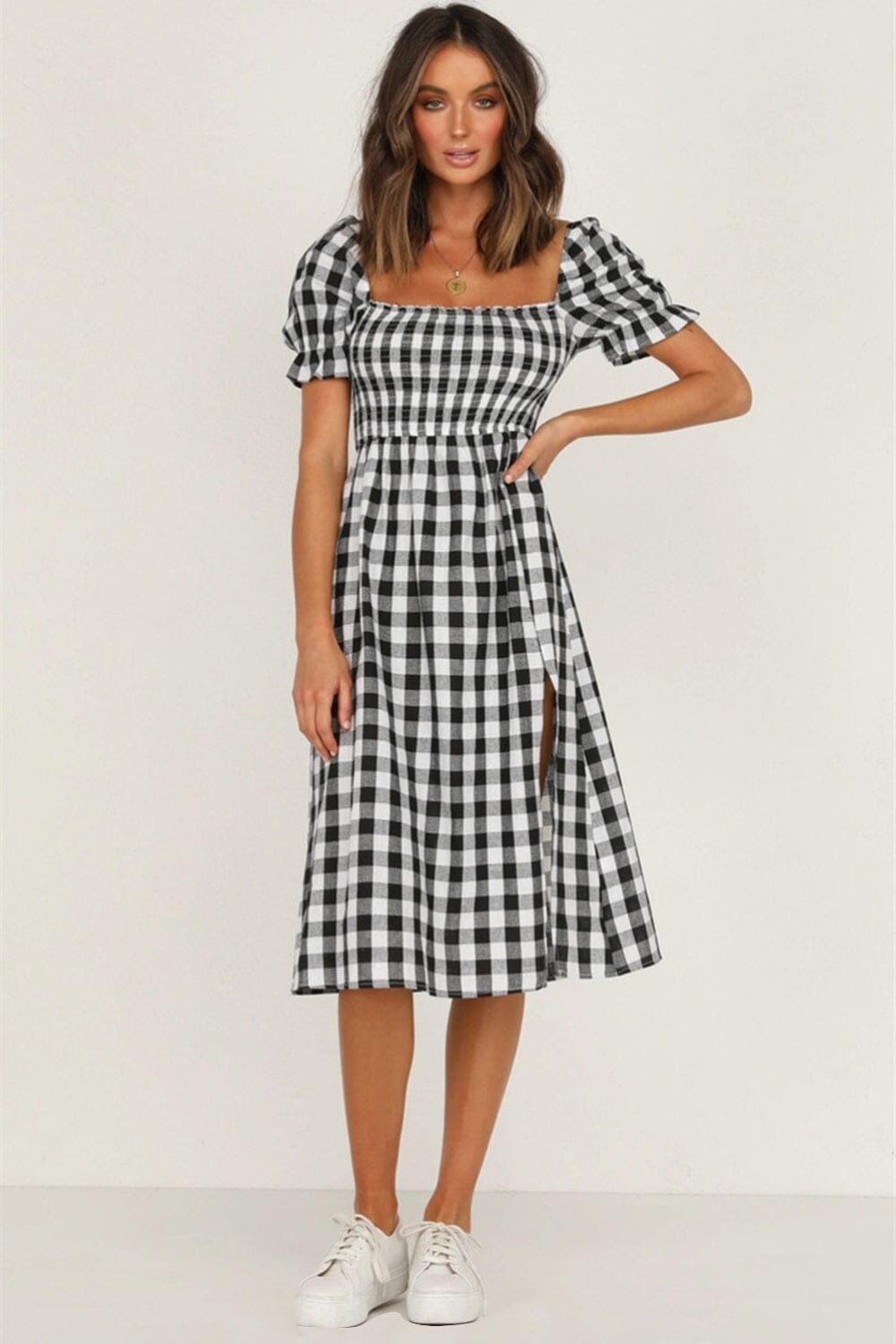 Full Size Slit Plaid Short Sleeve Midi Dress - Sydney So Sweet