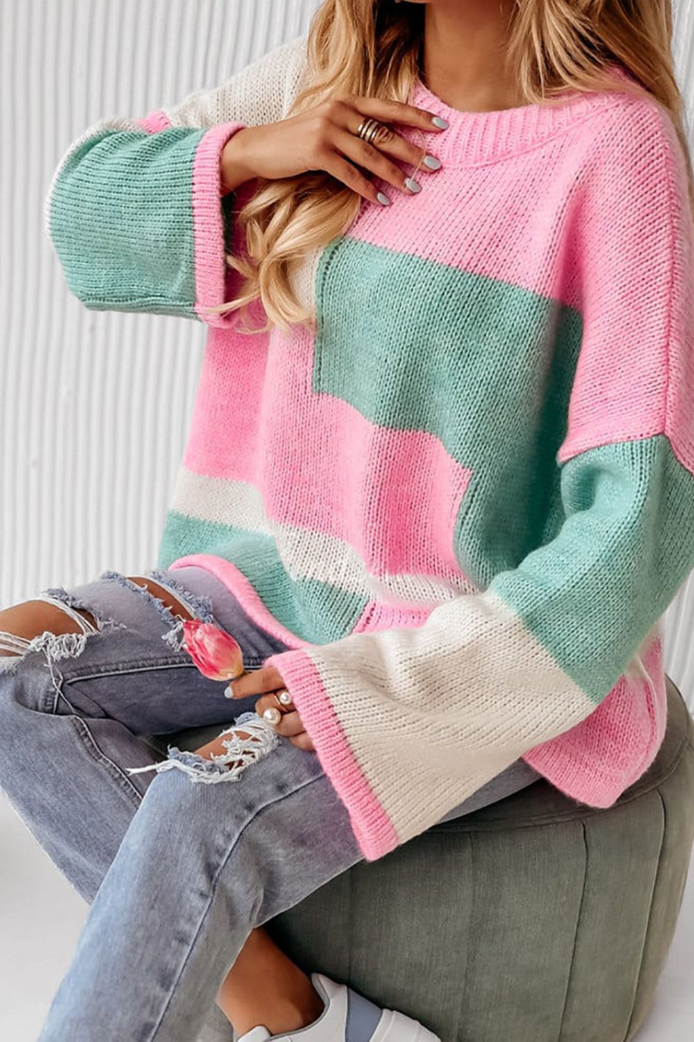 Color Block Round Neck Drop Shoulder Sweater - Sydney So Sweet