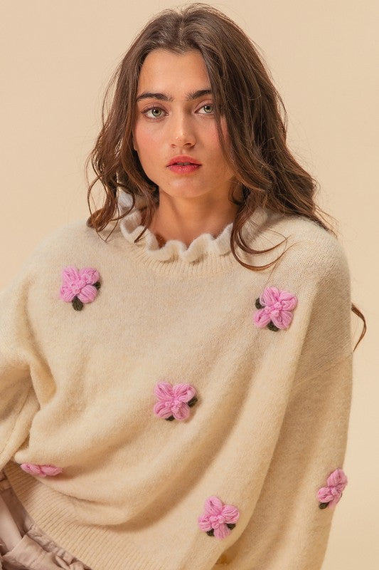 BiBi Ruffled Crochet Flower Dropped Shoulder Sweater - Sydney So Sweet