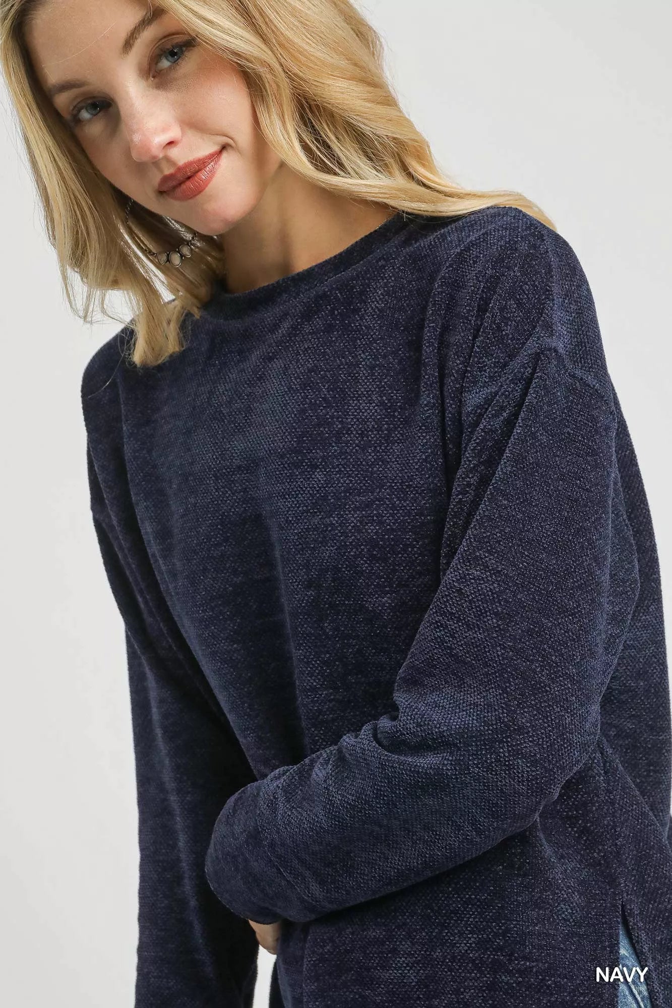 Umgee Round Neck Long Sleeve Side Slit Top - Sydney So Sweet