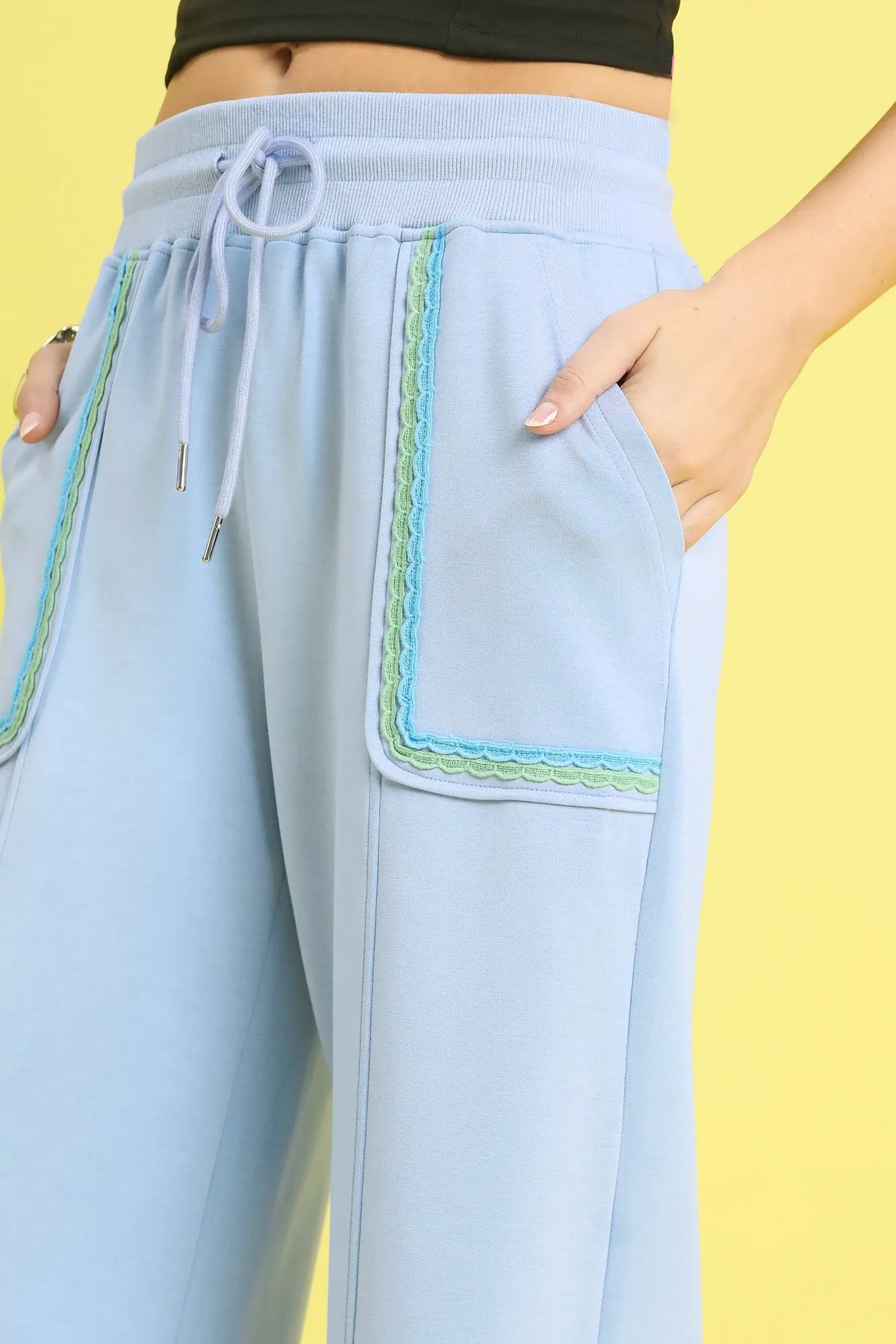 Umgee Drawstring Wide Leg Pants with Scallop Trim Detail - Sydney So Sweet