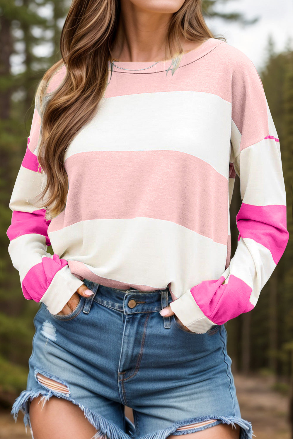 Contrast Color Block Round Neck Long Sleeve Top - Sydney So Sweet