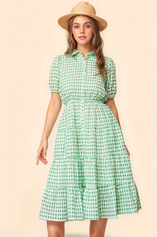 Davi & Dani Checkered Puff Sleeve Tiered Shirt Dress - Sydney So Sweet