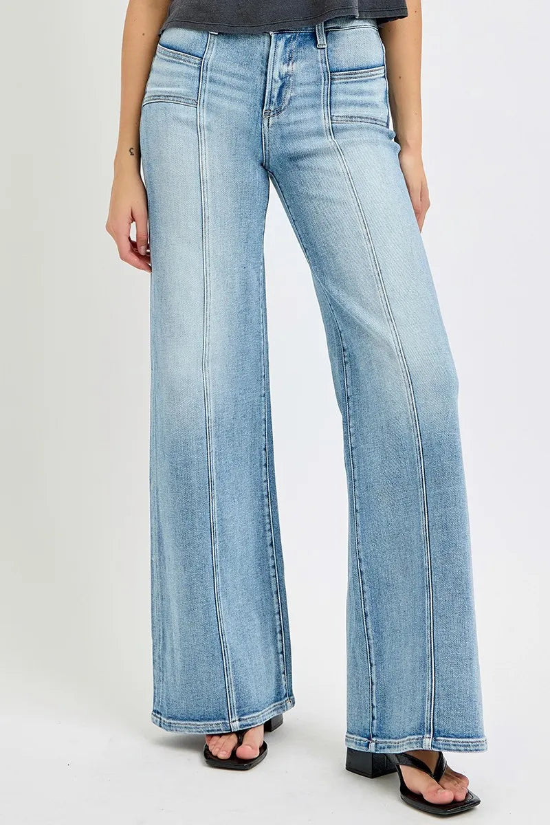 RISEN Full Size Mid Rise Wide Jeans with Front Patch Pocket Plus Size - Sydney So Sweet