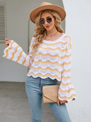 Round Neck Openwork Flare Sleeve Knit Top - Sydney So Sweet