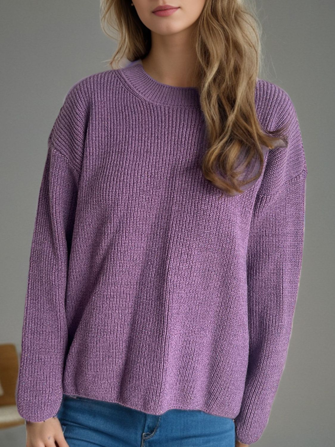 Solid Color Round Neck Long Sleeve Sweater - Sydney So Sweet