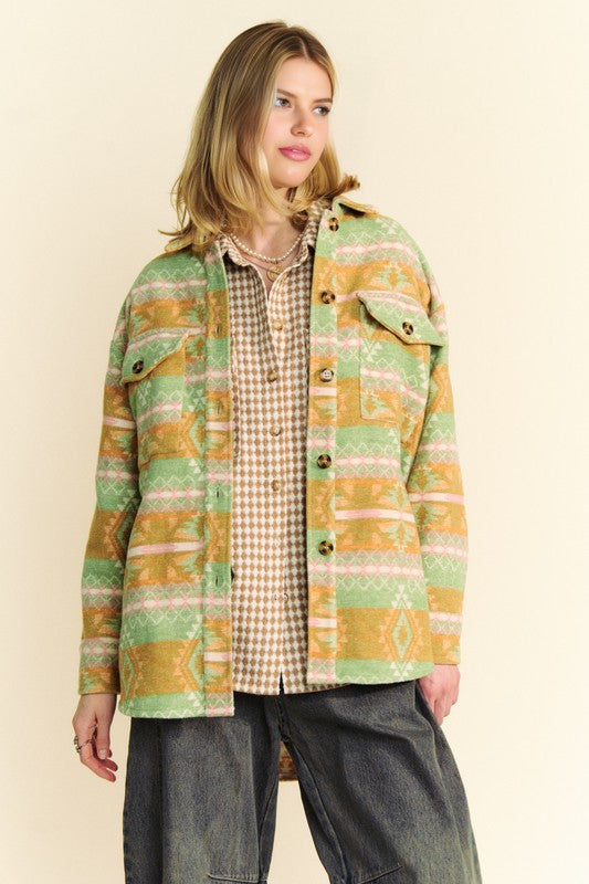 Davi & Dani High-Low Geometric Long Sleeve Shacket with Pockets - Sydney So Sweet