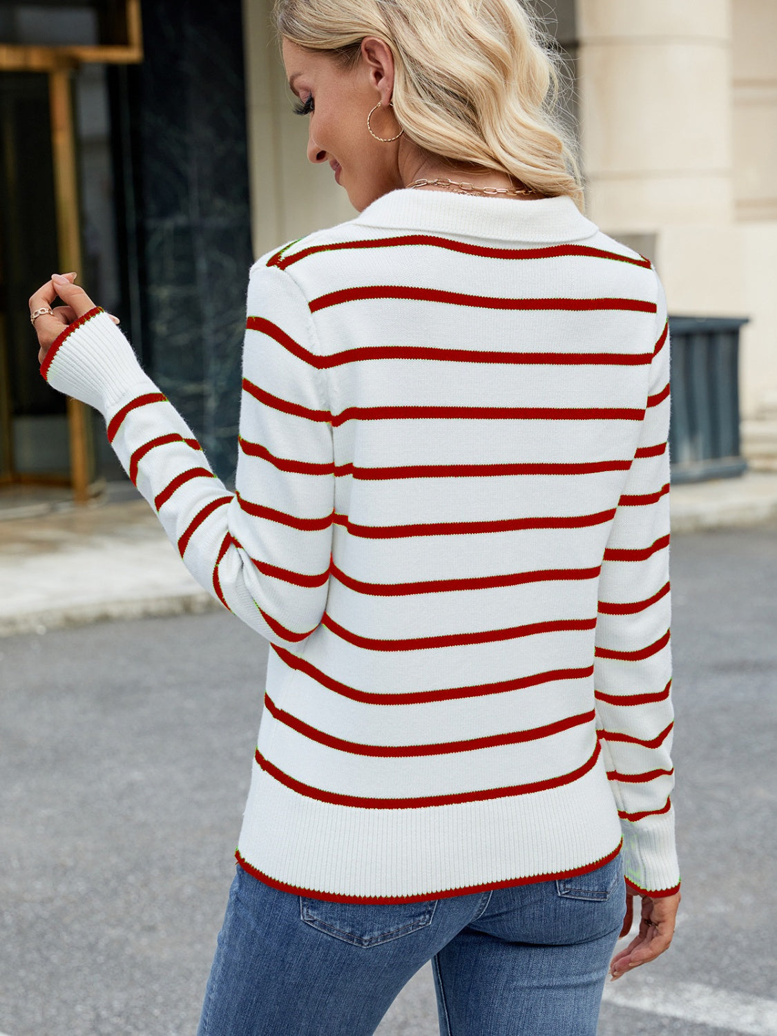 Striped Johnny Collar Long Sleeve Sweater - Sydney So Sweet