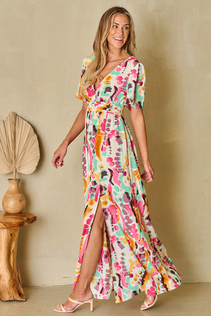 Slit Printed Surplice Short Sleeve Maxi Dress - Sydney So Sweet