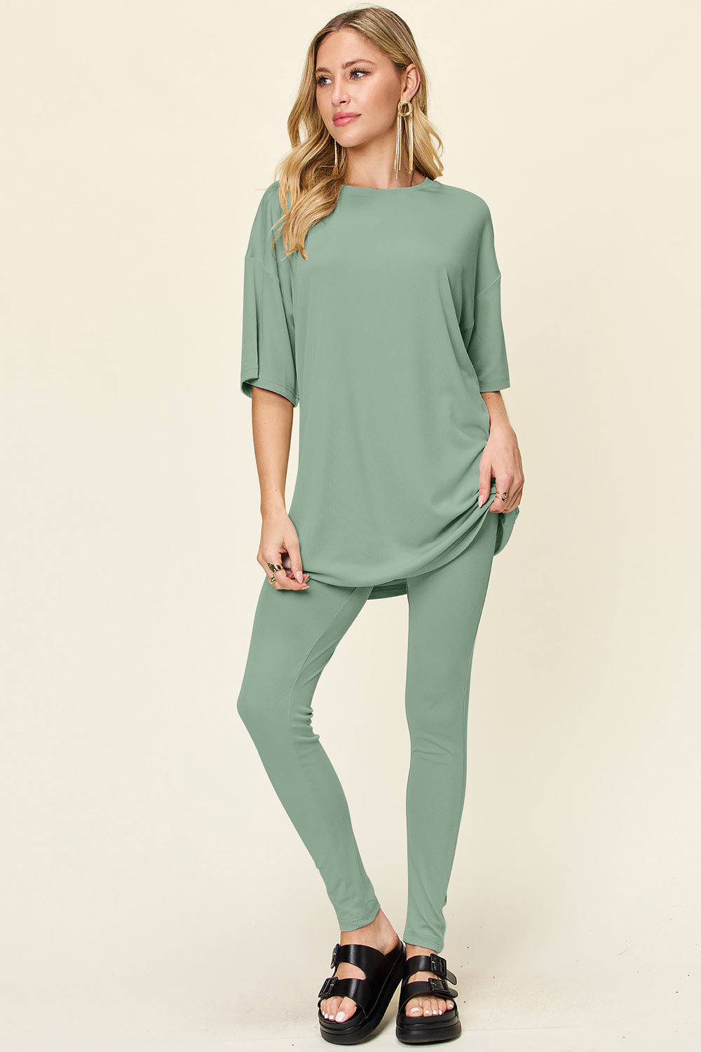 Double Take Full Size Round Neck Dropped Shoulder T-Shirt and Leggings Set - Sydney So Sweet