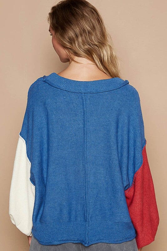 POL Exposed Seam Contrast V-Neck Lantern Sleeve Sweater - Sydney So Sweet